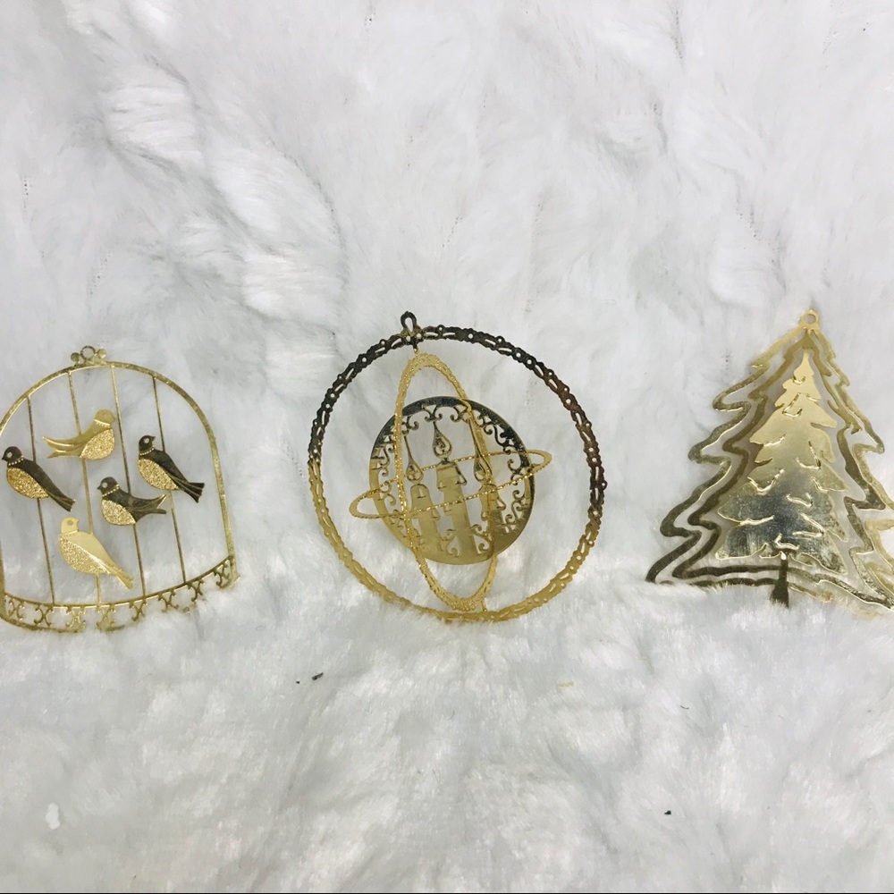 Lot of 3 Gold Metal 3D Christmas Ornaments Birdcag
